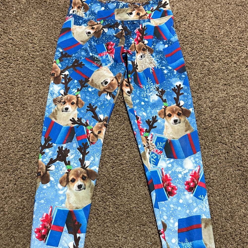 Justice Blue Dog and Reindeer Print Leggings Size 16